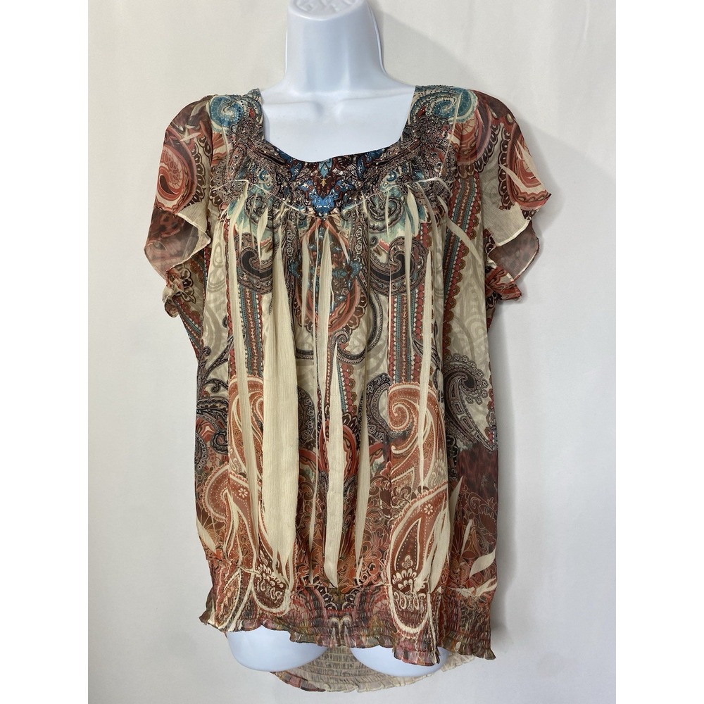 One World Lightweight Boho Shirt Size 2XL Hippie Smocked Festival Whimsy Fairy